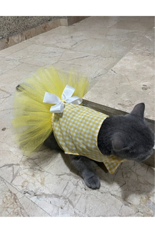 Sarı Beyaz Kareli Tüllü Kedi Köpek Kıyafeti Elbisesi Large/L/Beden 3