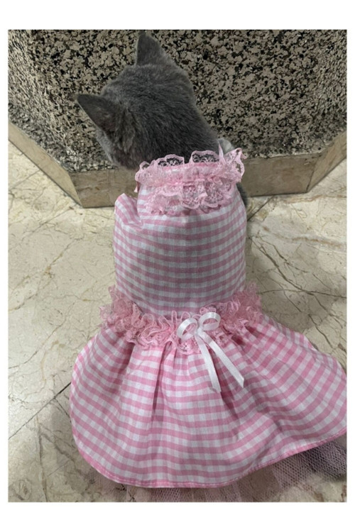 Pembe Beyaz Kareli Kurdeleli Güpürlü Kedi Köpek Kıyafeti Elbisesi Xsmall/Xs/Beden 0