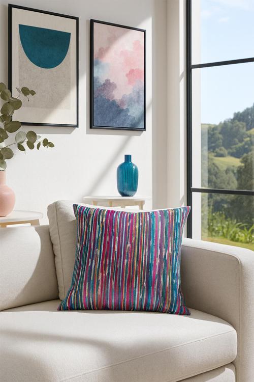 Şerit Kadife Kırlent Kılıfı Pembe 43x43