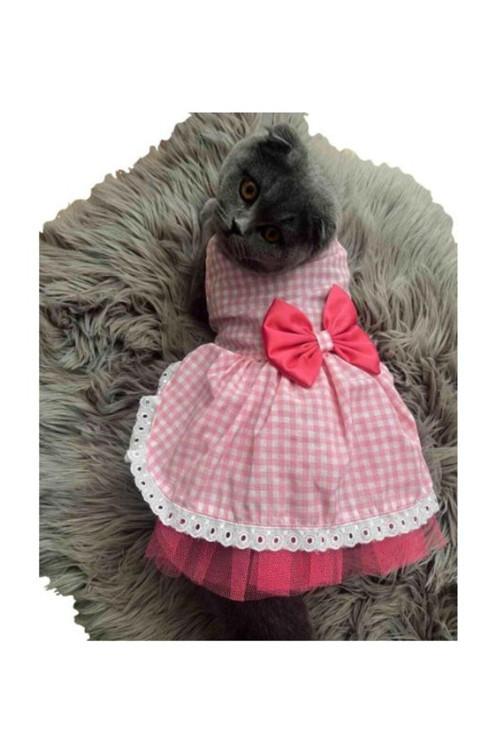 Beyaz Kareli Pembe Dişi Kedi Köpek Kıyafeti Elbisesi Large/L/Beden 3