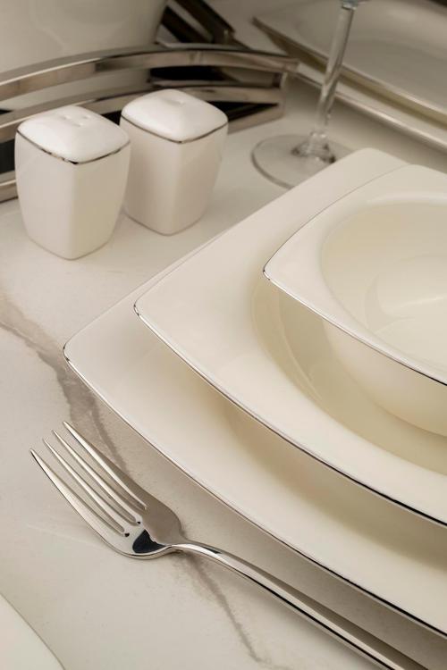 Bone Mare 62 Parça 12 Kişilik Yemek Takımı Platin Fileli