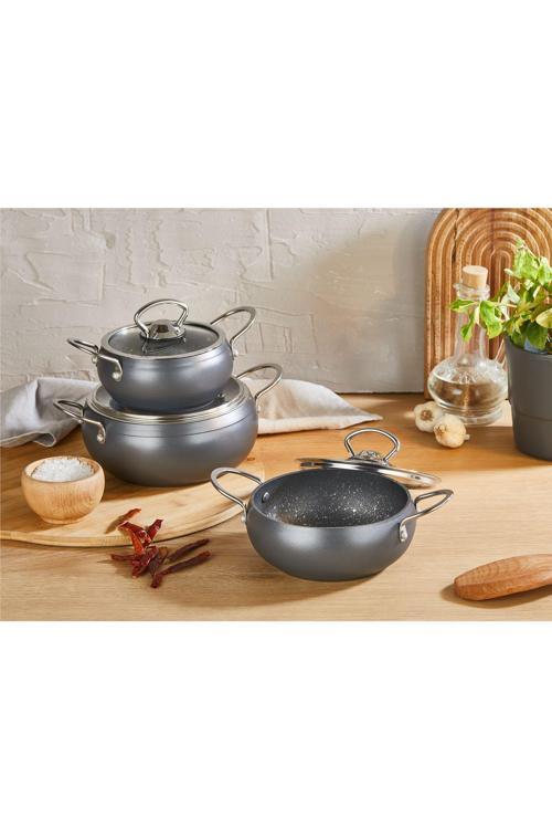3554 6 Parça Granit Mini Küre Tencere Seti Antrasit 12/14/16 Cm