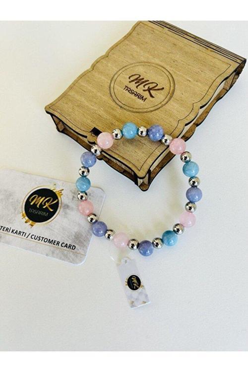 GERÇEK MAVİ MOR PEMBE KUVARS TAŞI BİLEKLİK MK.016.008