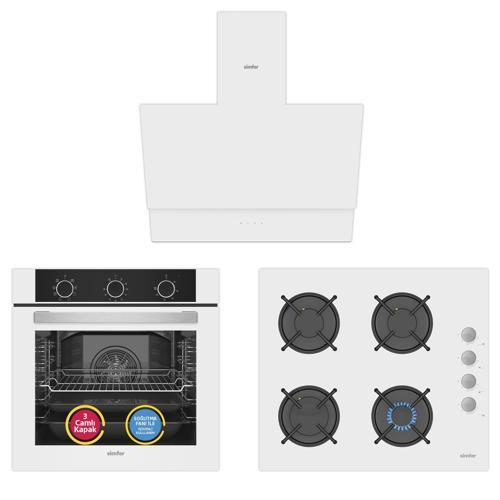 9 Fonksiyon QS Mekanik Beyaz Büyük Pop-Up 3'lü Ankastre Set (8221 Fırın + 3507 Ocak + 8704 Davlumbaz)