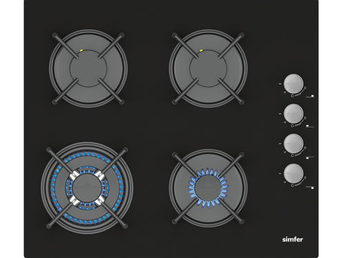 3508 3G + 1 Wok 60 cm Siyah Cam Ankastre Ocak