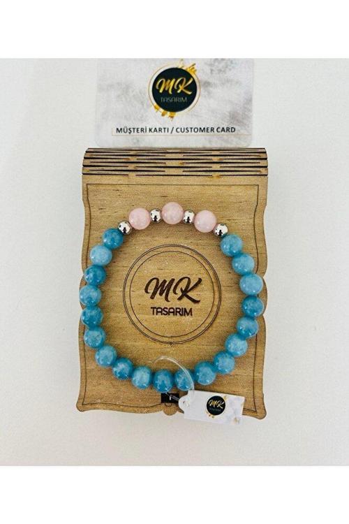 Gerçek Mavi- Pembe Kuvars Taşı Bileklik | Mktasarım Özel Kutusunda | Mktasarım Müşteri Kartlı