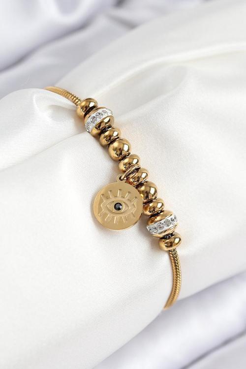 316L Çelik Zirkon Taşlı Göz Charm Model Gold Renk Kadın Bileklik 7842