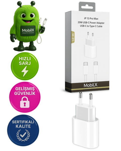 MobiLX M-21 iPhone 15 Pro Max Uyumlu 20W Type-C Hızlı Şarj Adaptörü + USB-C Kablo