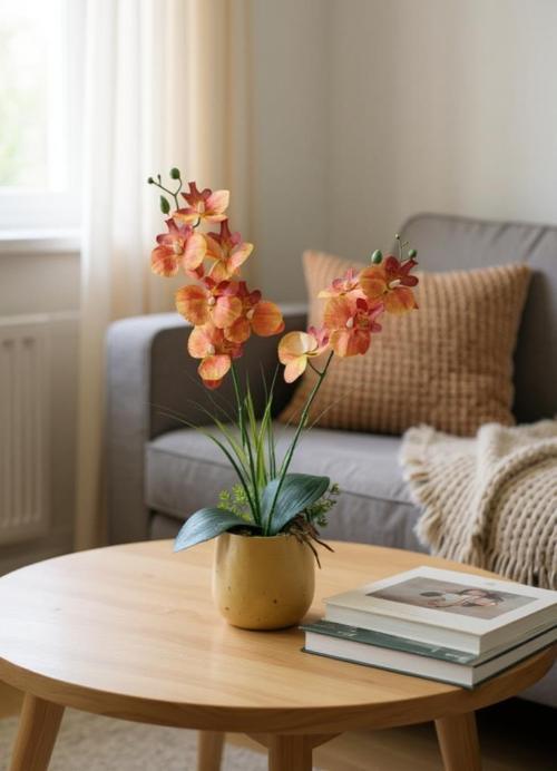 Yapay Çiçek Somon Islak Orkide Gold Metal Saksıda Saksıda Orkide 50cm