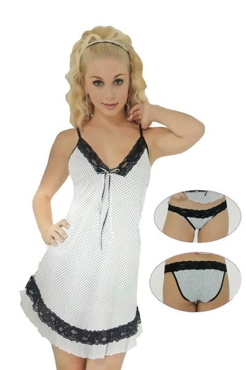 Pınar Beyaz Puantiyeli Gecelik ve KülotTakımı