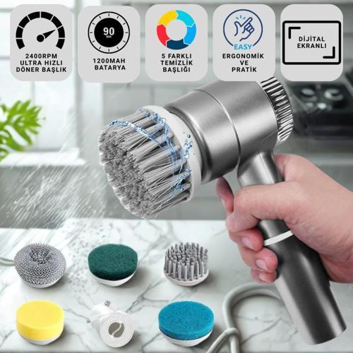 2400RPM Hızlı Dijital Ekranlı 1200Mah Şarjlı 5 Başlıklı Çok Amaçlı Temizlik Fırça Seti, Mutfak, Banyo El Fırçası