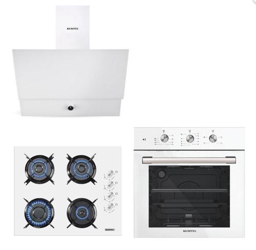 Turbo Kristal Beyaz Cam Ankastre Set (DA6-830 Davlumbaz + Ko-40 Tahdf Ocak + B66-SF2 Fırın)