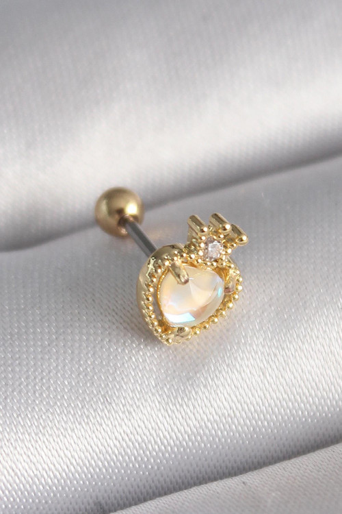 316L Çelik Gold Renk Beyaz Mineli Kalp Zirkon Taş Detaylı Taç Tragus Piercing NS2936