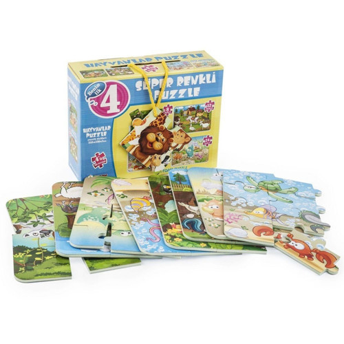 1481 DıyToy Süper Renkli 4'lü Puzzle - Hayvanlar / 8+12+16+24 Parça Puzzle Kız Erkek Çocuk Oyuncak E
