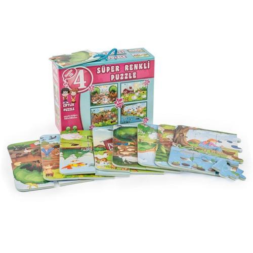 3222 DıyToy Süper Renkli 4'lü Puzzle - Çiftlik / 8+12+16+24 Parça Puzzle Kız Erkek Çocuk Oyuncak Eği