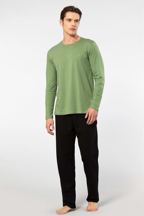 Erkek Bisiklet Yaka Uzun Kollu Modal Pijama Takımı 2244/Yeşil