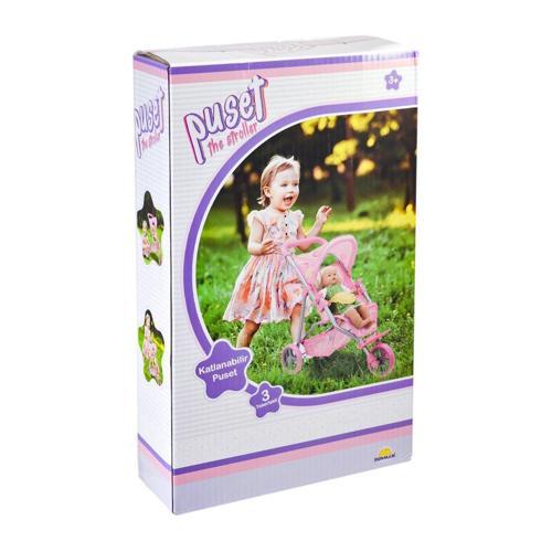 9326C Çilek Desenli, 3 Tekerlekli ve Tenteli Oyuncak Puset -Sunman Kız Erkek Çocuk Oyuncak Eğitici O