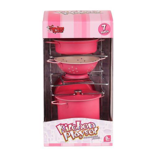 ATF-683G-6 Raflı Pembe Emaye Tencere Tava Seti 7 Parça -Vardem Kız Erkek Çocuk Oyuncak Eğitici Oyunc