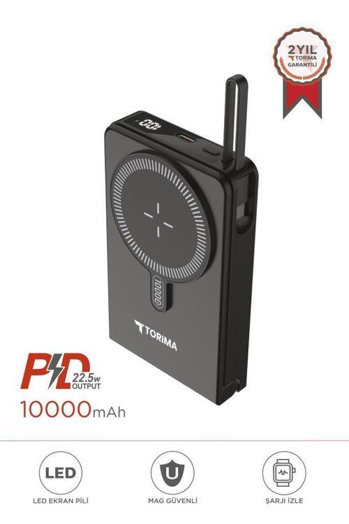 TRM-1019 Siyah 10000 mAh  Mag Safe Type-C  + USB  Kablolu-Kablosuz Taşınabilir 22,5 W Hızlı Şarj Dijital Gösterge