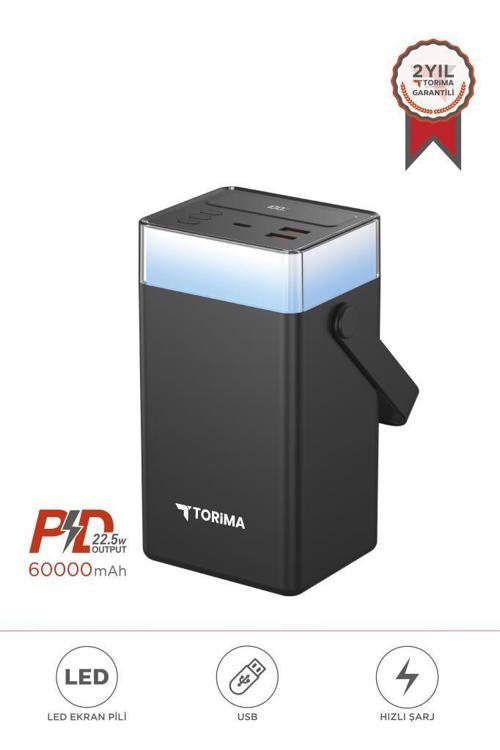TRM-1061 Siyah 60.000 mAh Type-C + Lightning + USB  Taşınabilir 22,5 W Hızlı Şarj Dijital Göstergeli RGB Led Işık