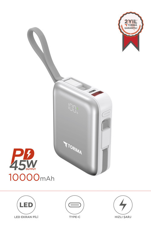 Torima TRM-1018 Beyaz 10000 mAh Type-C Giriş + Lightning + Usb Taşınabilir 45 W Hızlı Şarj Dijital Göstergeli Powerbank 4