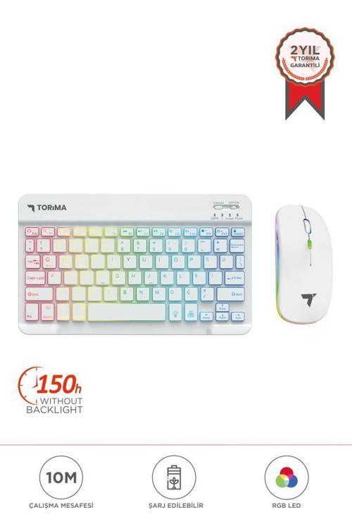 TMK-09 Beyaz Şarj Edilebilir RGB Işıklı Kablosuz Klavye Mouse Seti
