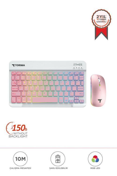 TMK-09 Pembe Şarj Edilebilir RGB Işıklı Kablosuz Klavye Mouse Seti