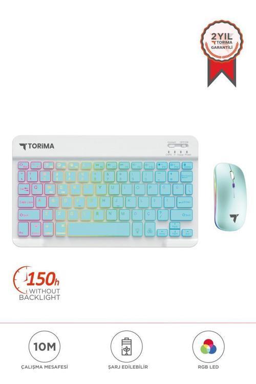 TMK-09 Mavi Şarj Edilebilir RGB Işıklı Kablosuz Klavye Mouse Seti