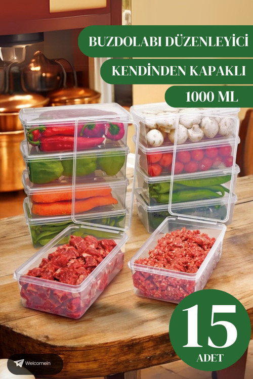 15 Adet 1 Litre Kendinden Kapaklı Derin Dondurucuya Uygun Saklama Kabı Düzenleyici (1000 Ml)