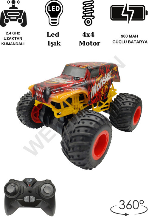 2.4 Ghz Uzaktan Kumandalı 4X4 Monster Canavar Araba 360° 30 Km/H Hız Led Işık Ve Ses Efekti
