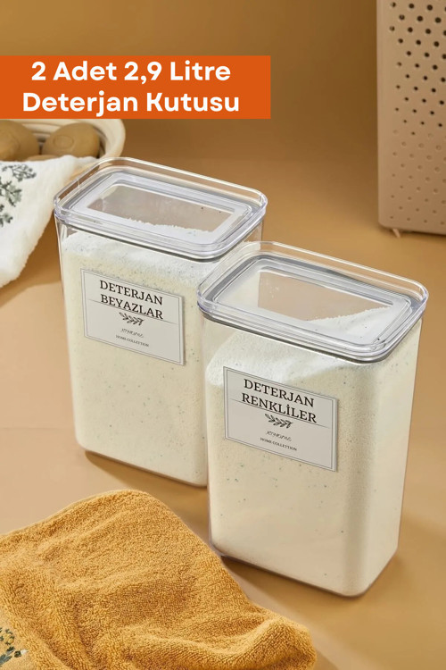 2'Li Deterjan Kutusu/Vakum Kapaklı Banyo Düzenleyici Saklama Kutusu 2.9 L Şeffaf Renk