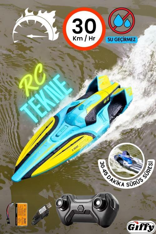 Yüksek Hızlı Uzaktan Kumandalı Rc Tekne 30 Km/Hız Batmayan Işıklı Şarjlı Çift Başlı Turbo Motor Dual