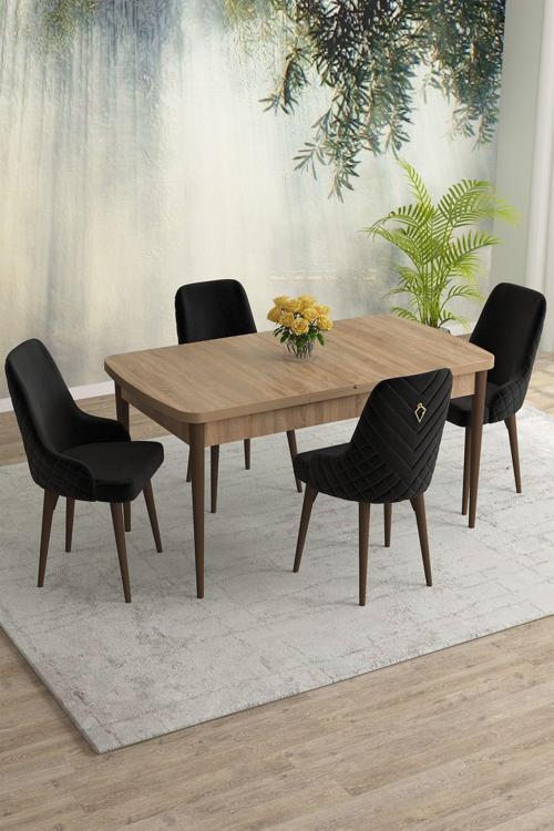 Meri Serisi Meşe Desen 80x132 Açılabilir Mdf Masa Yemek Odası Takımı, Mutfak Takımı 4 Adet Sandalye