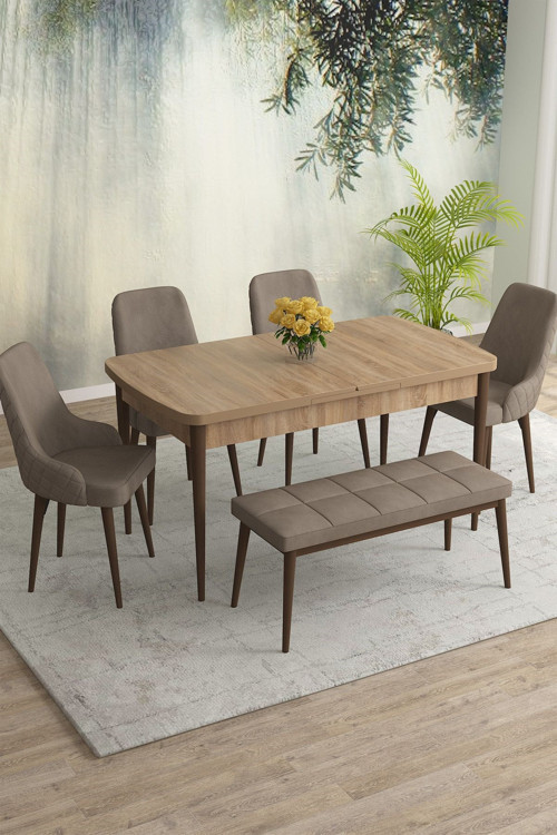 Meri Serisi Meşe Desen 80x132 Açılabilir Mdf Masa Yemek Odası Takımı,Mutfak Takımı 4 Sandalye 1Bench
