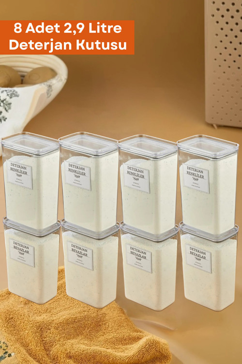 8'Li Deterjan Kutusu/Vakum Kapaklı Banyo Düzenleyici Saklama Kutusu 2.9 L Şeffaf Renk