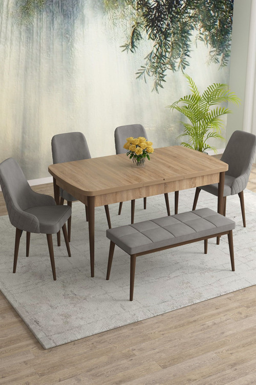 Meri Serisi Meşe Desen 80x132 Açılabilir Mdf Masa Yemek Odası Takımı,Mutfak Takımı 4 Sandalye 1Bench