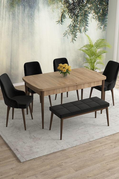 Meri Serisi Meşe Desen 80x132 Açılabilir Mdf Masa Yemek Odası Takımı,Mutfak Takımı 4 Sandalye 1Bench
