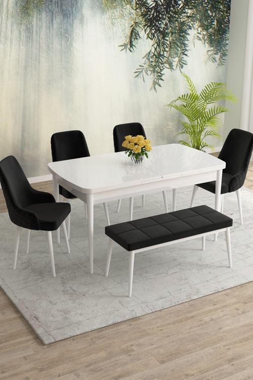 Meri Serisi Beyaz 80x132 Açılabilir Mdf Masa Yemek Odası Takımı,Mutfak Masa Takımı 4 Sandalye 1Bench