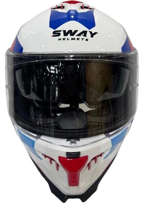 Kask Sway Sw 865 Tıtan White Blue Red Güneş Gözlüklü