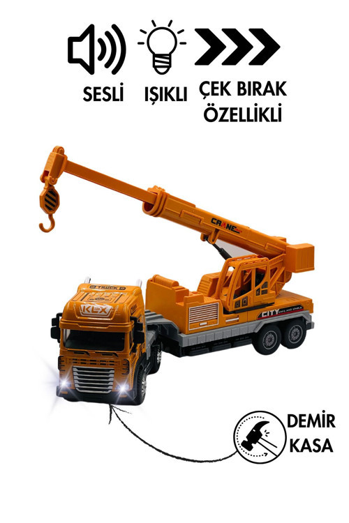 Oyuncak İş Makinesi Sesli Işıklı Çek Bırak Metal Vinç, Beton Mikseri, Kamyon, Kepçe 30 Cm