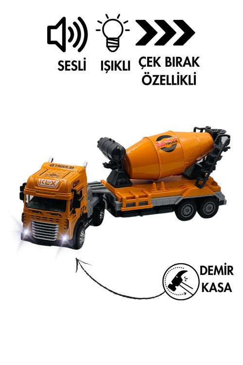 Oyuncak İş Makinesi Sesli Işıklı Çek Bırak Metal Vinç, Beton Mikseri, Kamyon, Kepçe 30 Cm