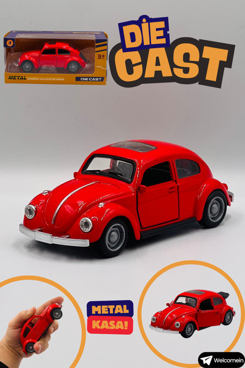Oyuncak Kırmızı Vos Vos Volkswagen Beetle 1955 Çek Bırak Kutulu Metal Die Cast Kapıları Açılan Araba