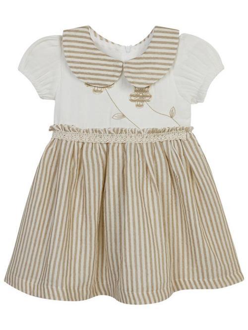 Çiçek Nakışlı Çizgili 1-3 Yaş Elbise - Bej2-3 Yaş