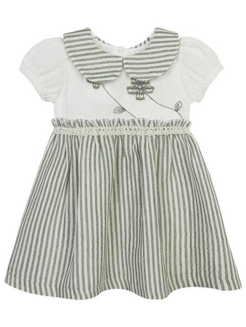 Çiçek Nakışlı Çizgili 1-3 Yaş Elbise - Haki2-3 Yaş