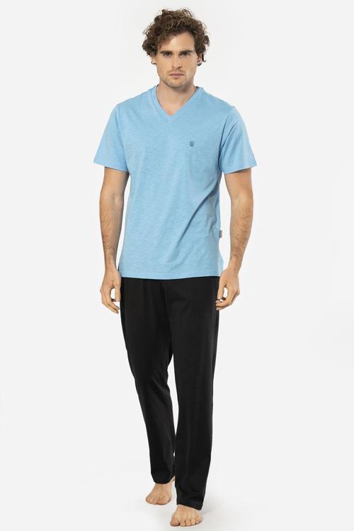 Erkek Şantuklu V Yaka Nakışlı Kısa Kollu Pijama 2137/Mavi