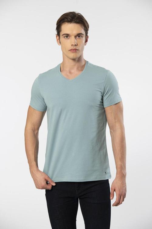 Erkek V Yaka Likralı T-shirt 1332/YEŞİL1
