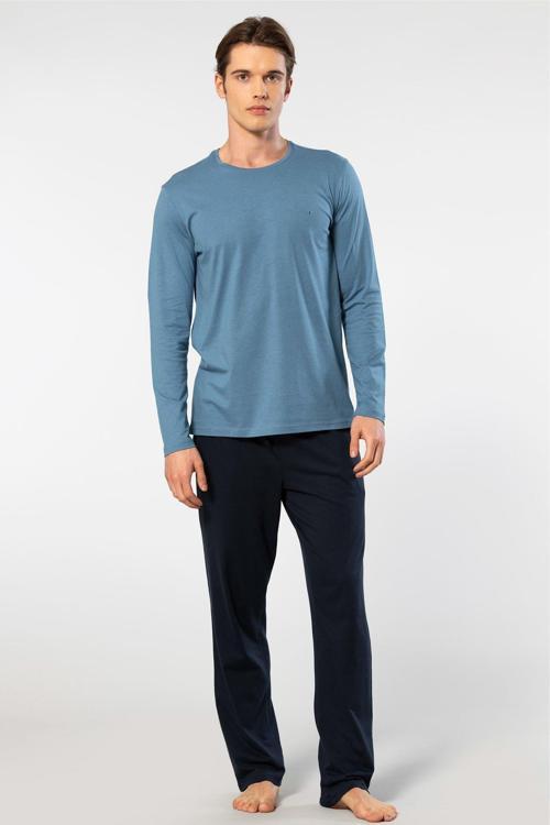 Erkek Bisiklet Yaka Uzun Kollu Modal Pijama Takımı 2244/İndigo