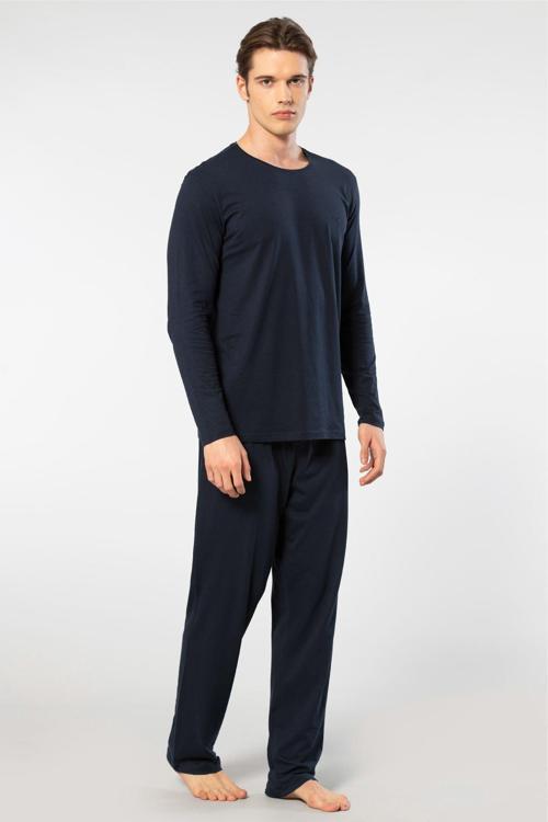 Erkek Bisiklet Yaka Uzun Kollu Modal Pijama Takımı 2244/Lacivert