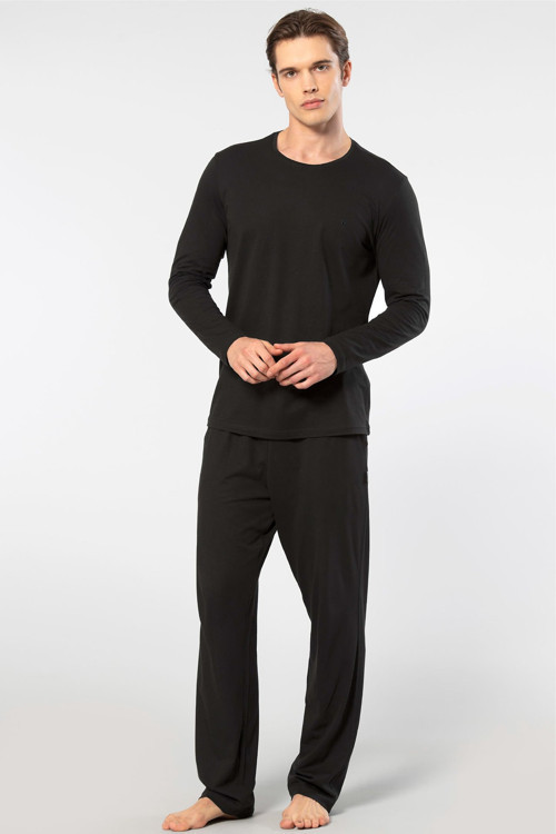 Erkek Bisiklet Yaka Uzun Kollu Modal Pijama Takım 2244/Siyah