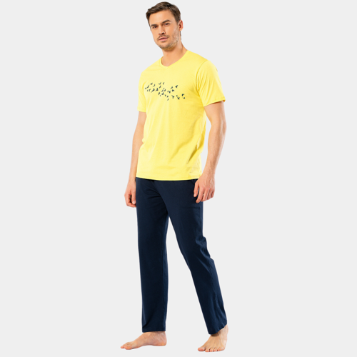 Erkek Baskılı V Yaka Pantolon Pijama Takım 4135/Sarı